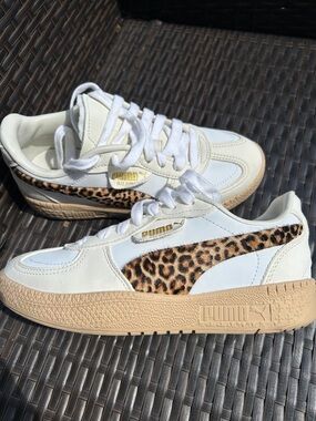 Puma White Sneakers with Leopard Print and Tan Sole
